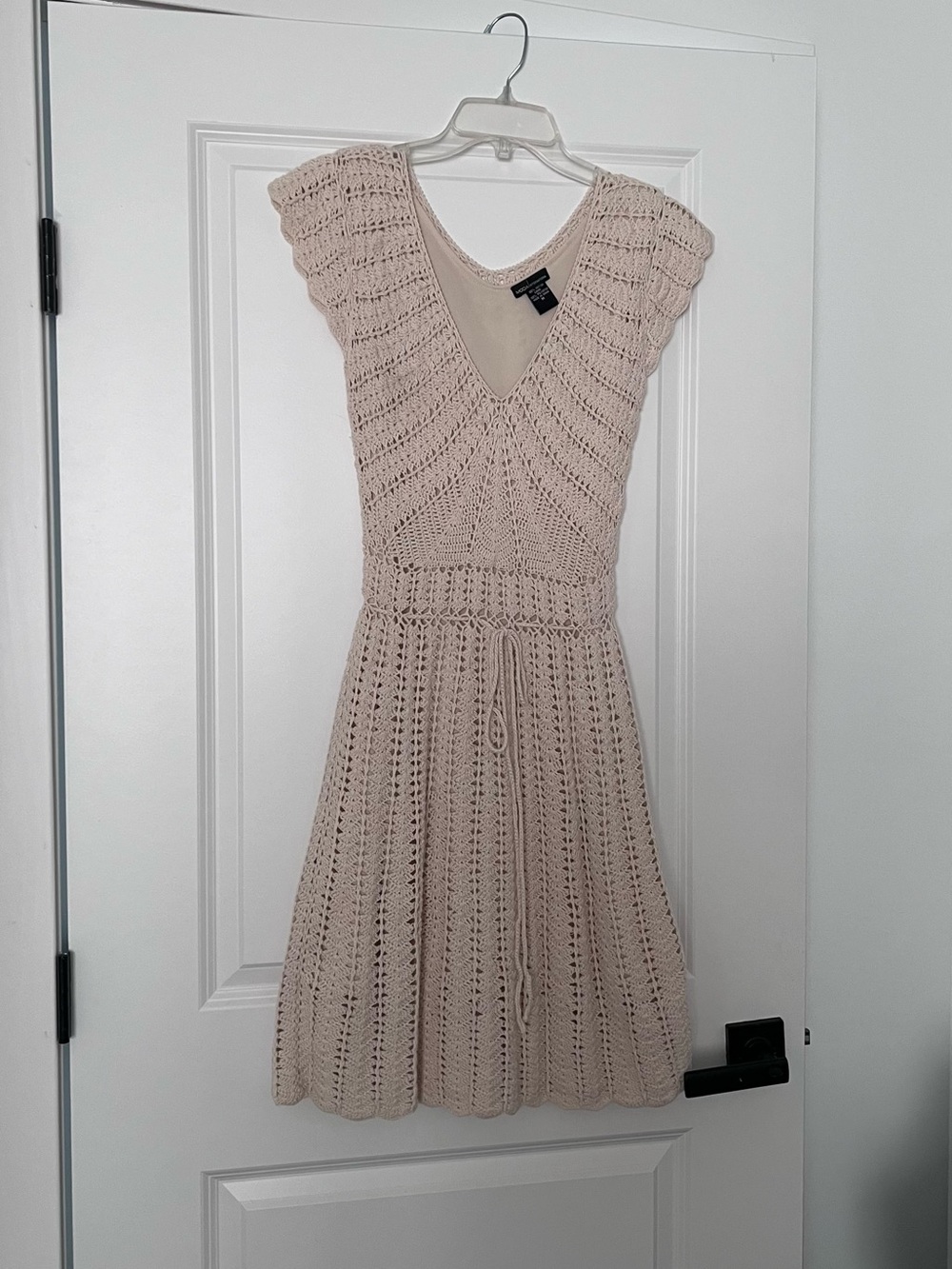 Moda International Crochet V-Neck Midi Dress in Beige